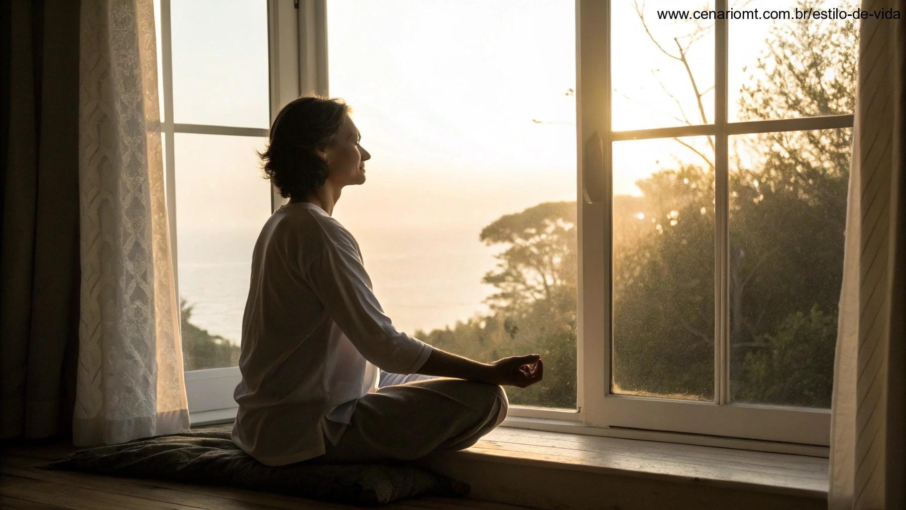 Uma manhã tranquila e serena com uma pessoa sentada em meditação silenciosa perto de uma janela, com luz suave entrando, simbolizando o poder da oração diária e paz interior.