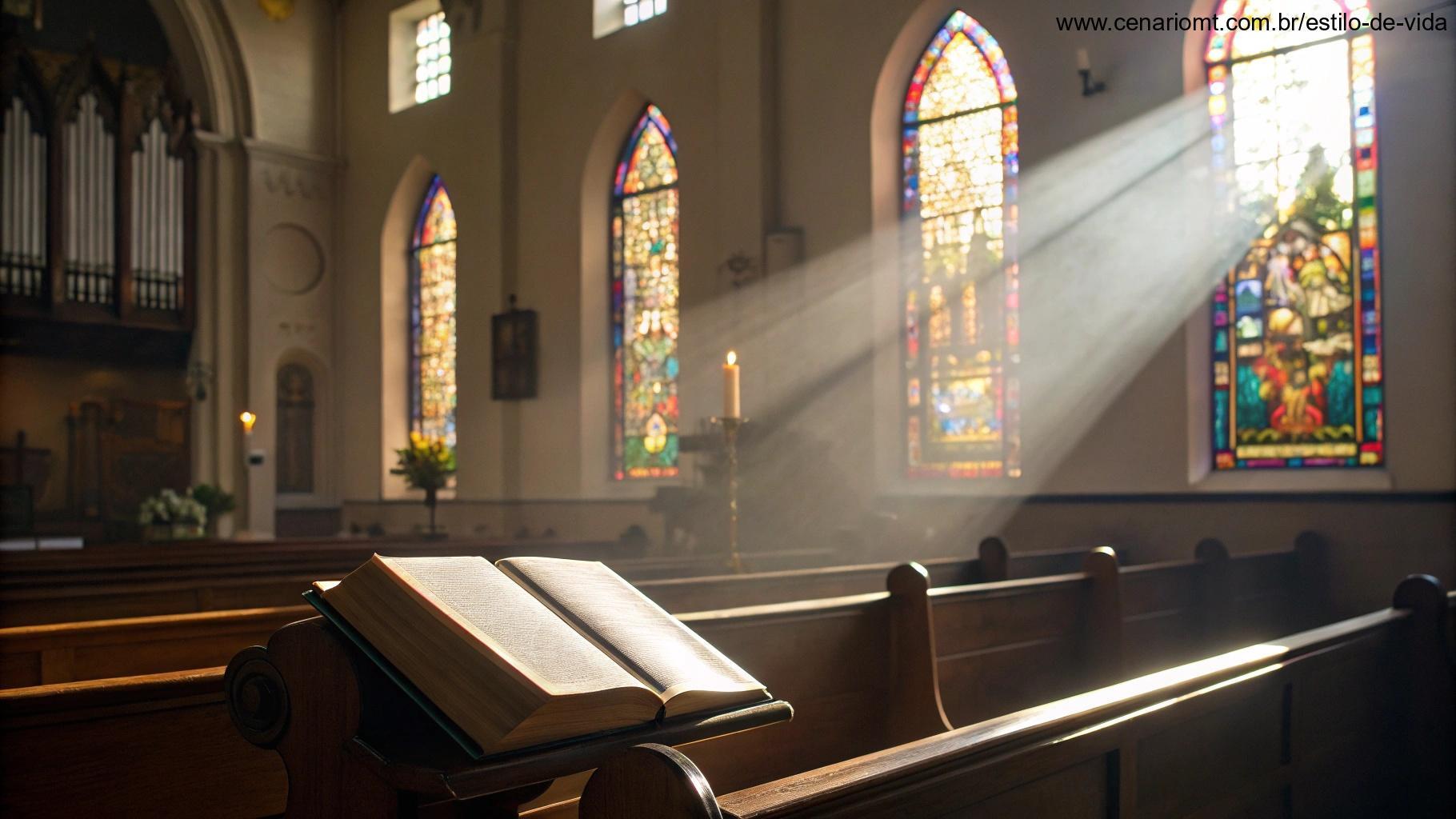 Interior tranquilo de uma igreja com raios de luz passando pelos vitrais, um livro de orações aberto em um banco