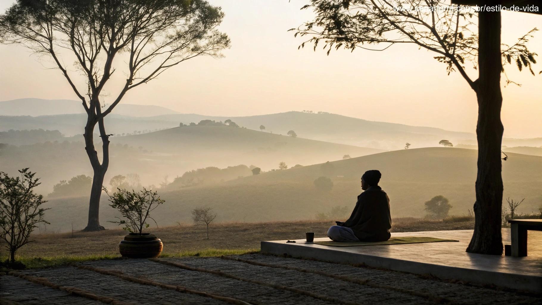 Imagem de uma pessoa meditando ao amanhecer, representando a importância da oração e meditação.