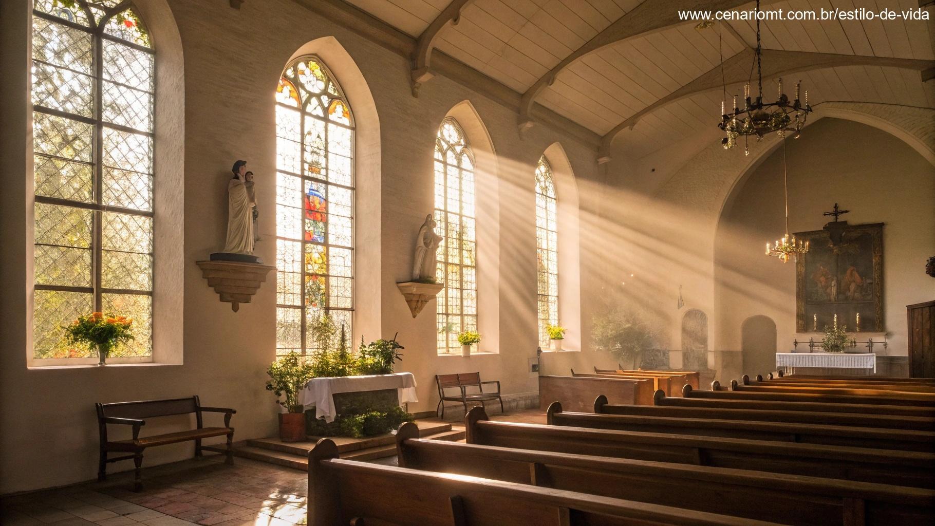 Igreja tranquila com luz suave entrando pelas janelas, simbolizando a oração como conexão com Deus.