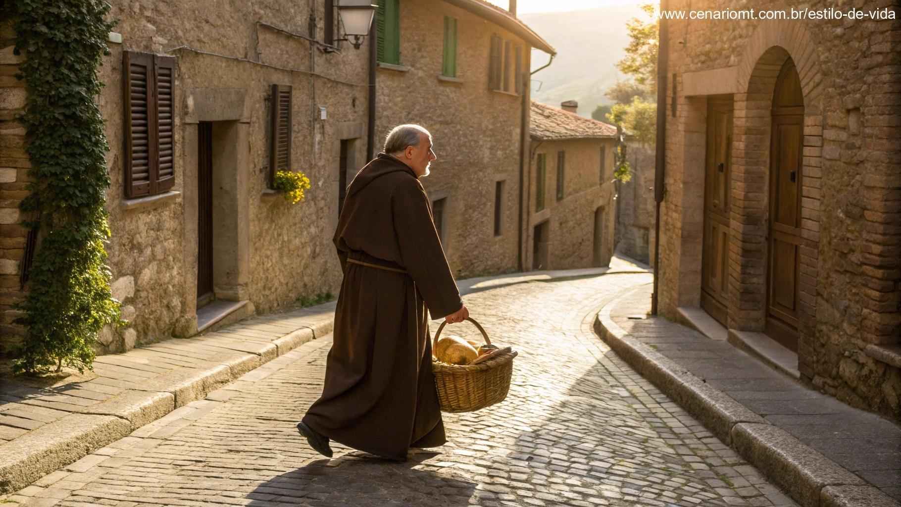 São Crispim de Viterbo, frade humilde, carregando pão para os pobres em vila medieval