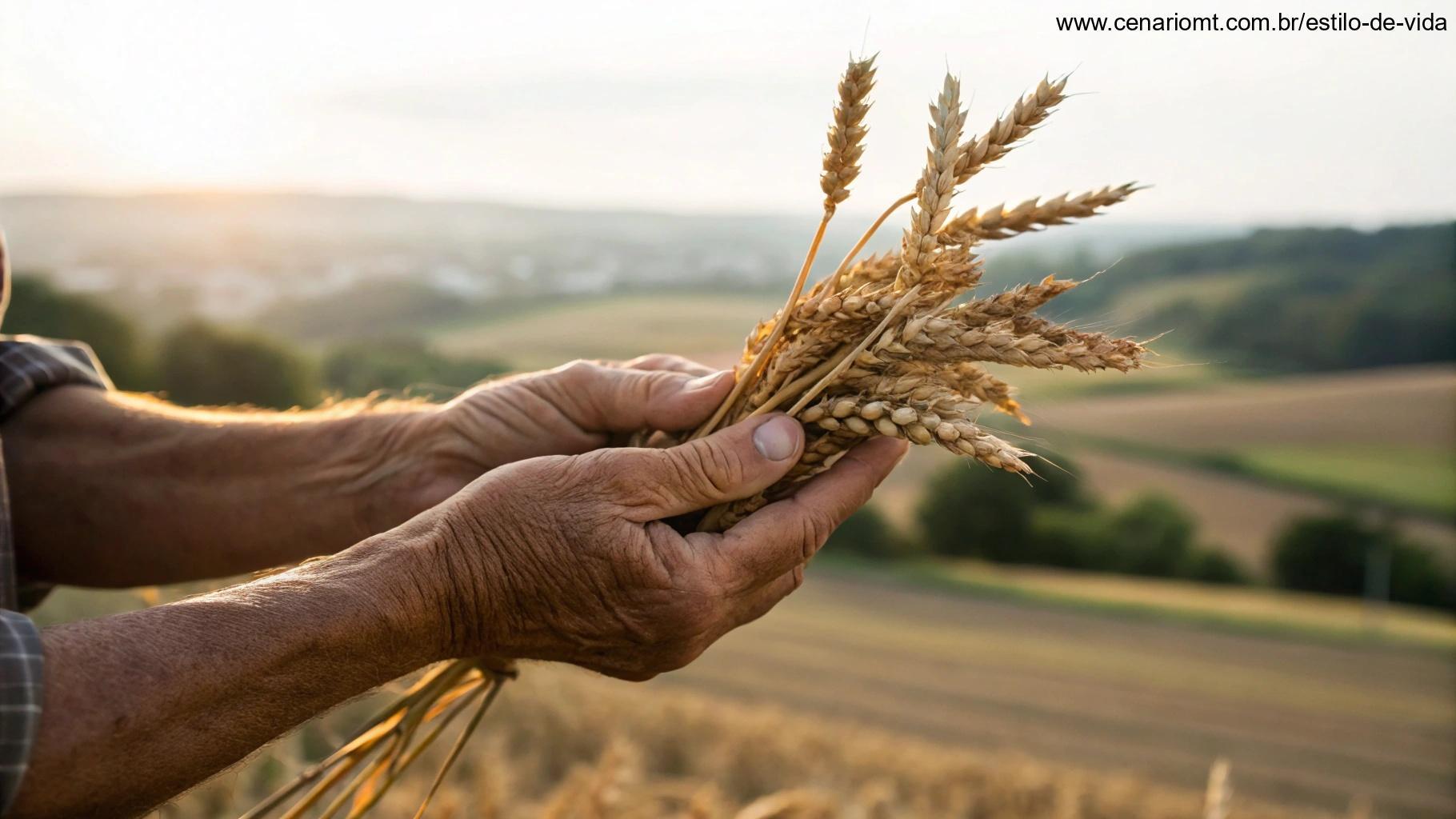 Mãos marcadas segurando feixes de trigo com um campo desfocado ao fundo na luz cálida do entardecer