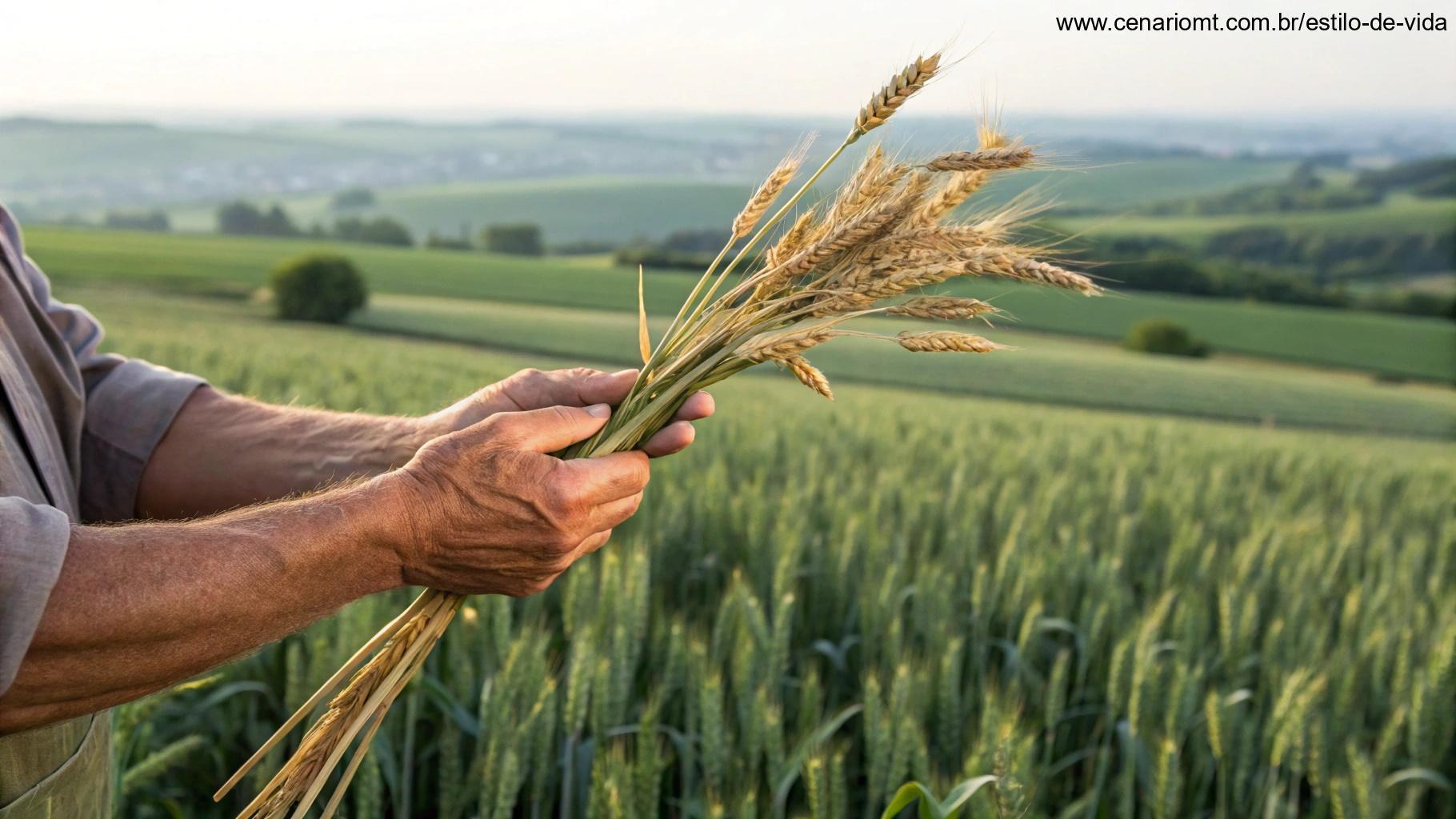 Mãos calejadas segurando feixes de trigo com campos férteis ao fundo