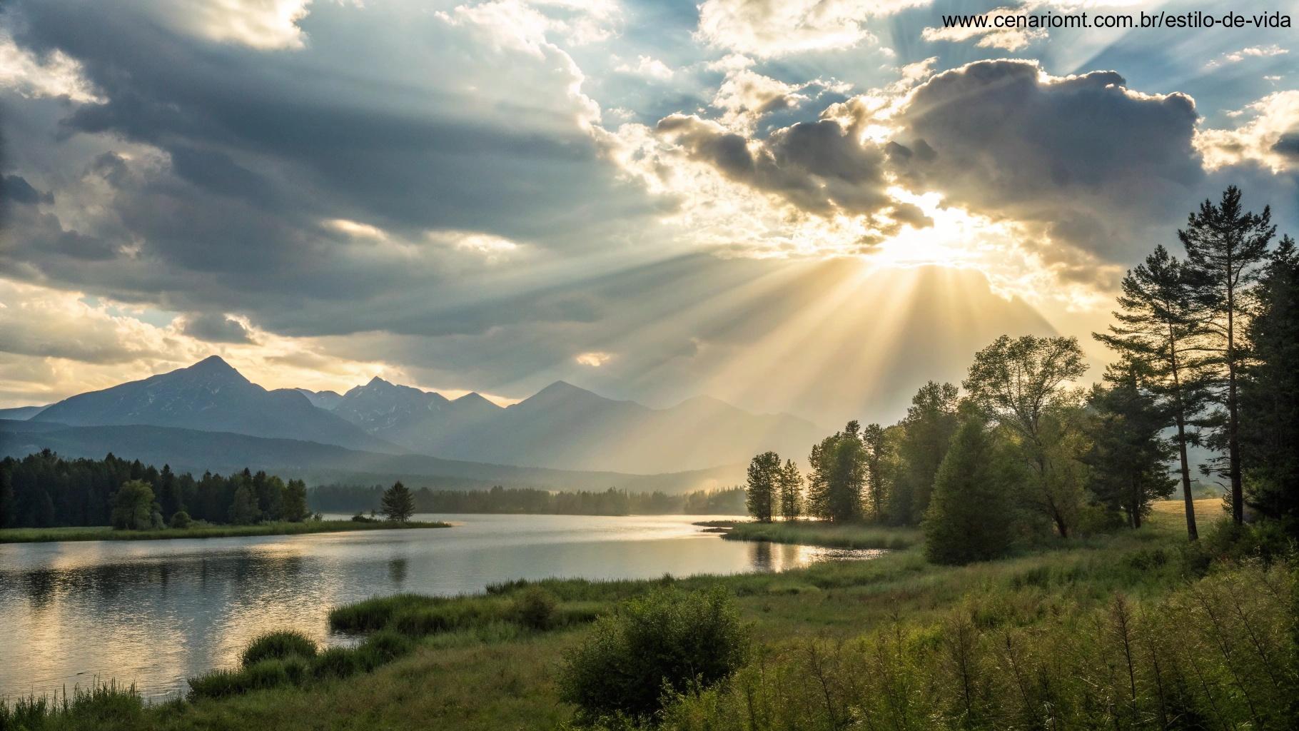 Cenário espiritual de sábado com luz do sol entre nuvens sobre uma paisagem serena