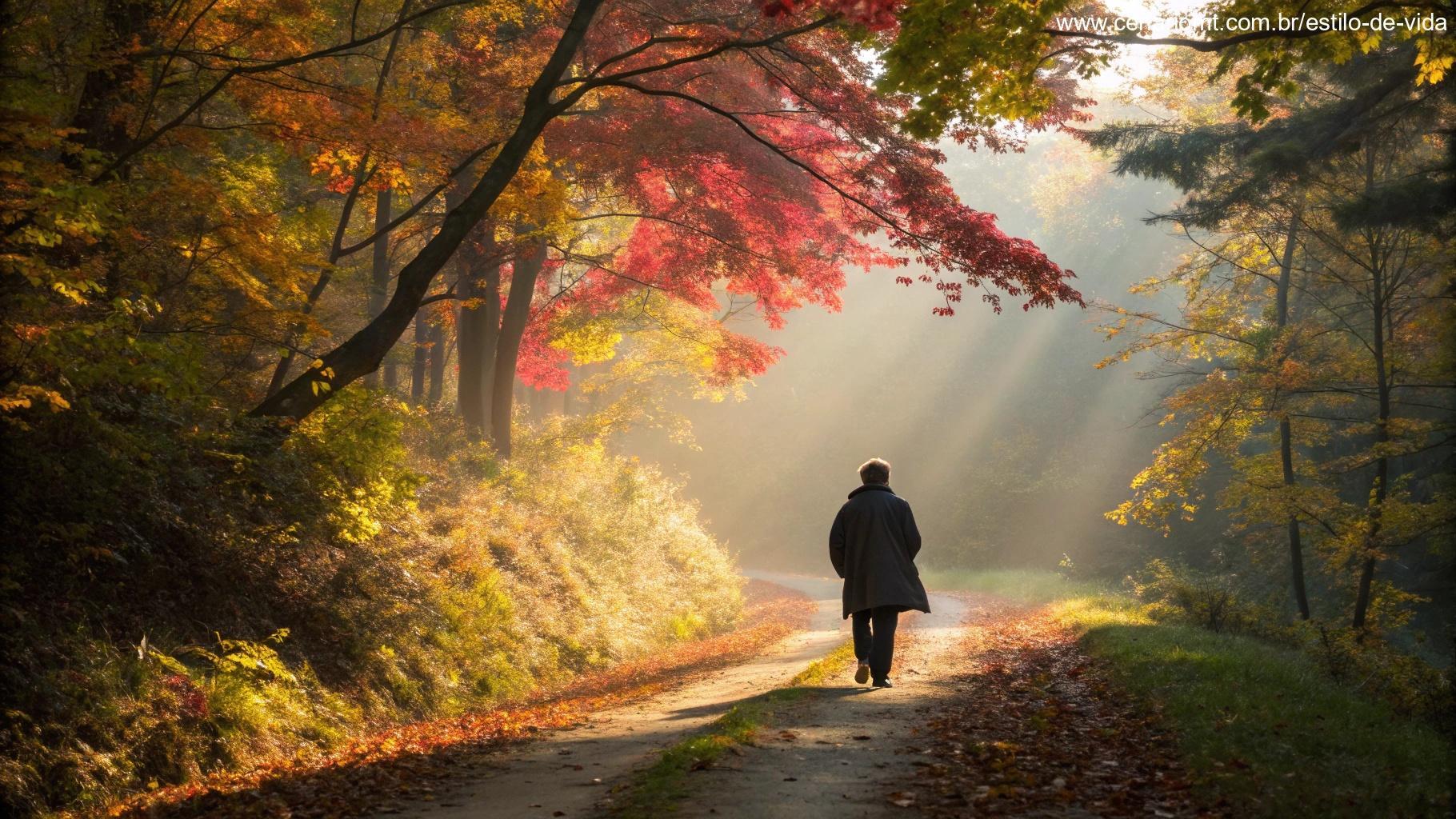Uma pessoa caminhando por uma trilha na floresta durante o outono, com luz do sol quente filtrando pelas folhas coloridas, em um clima pacífico e reflexivo