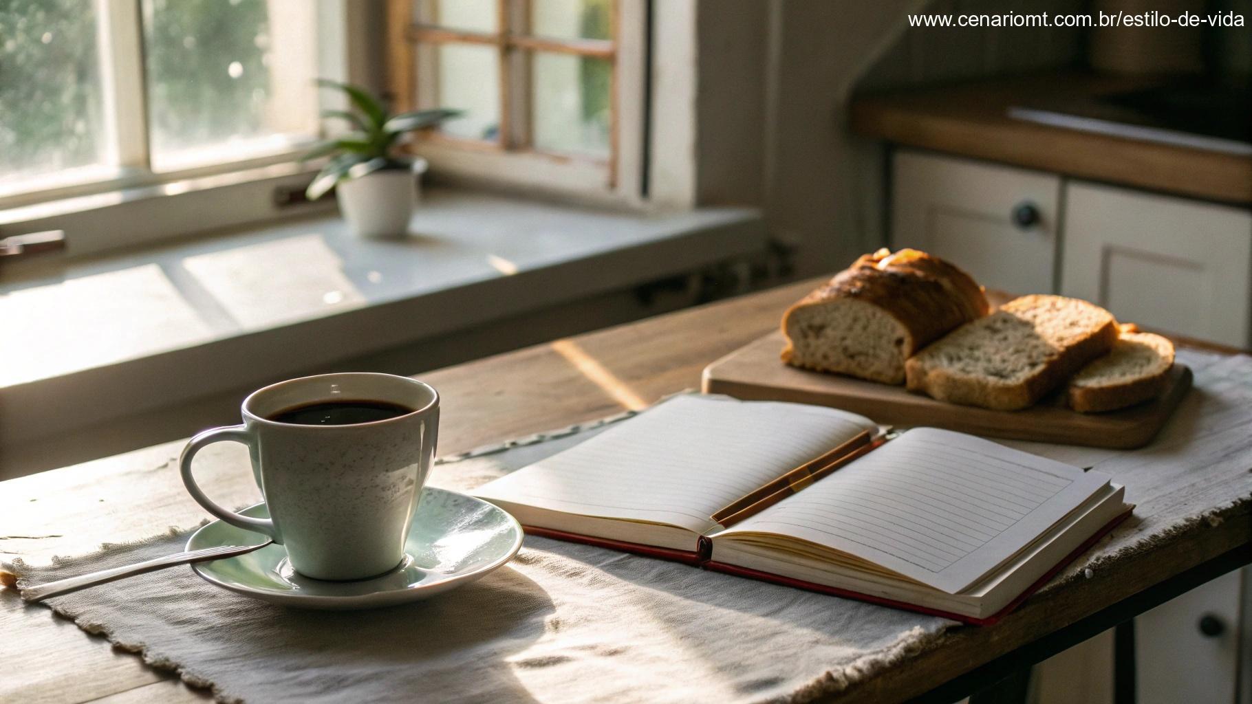 Mesa de cozinha simples com café, pão fresco e uma Bíblia aberta ao lado de um planejador diário