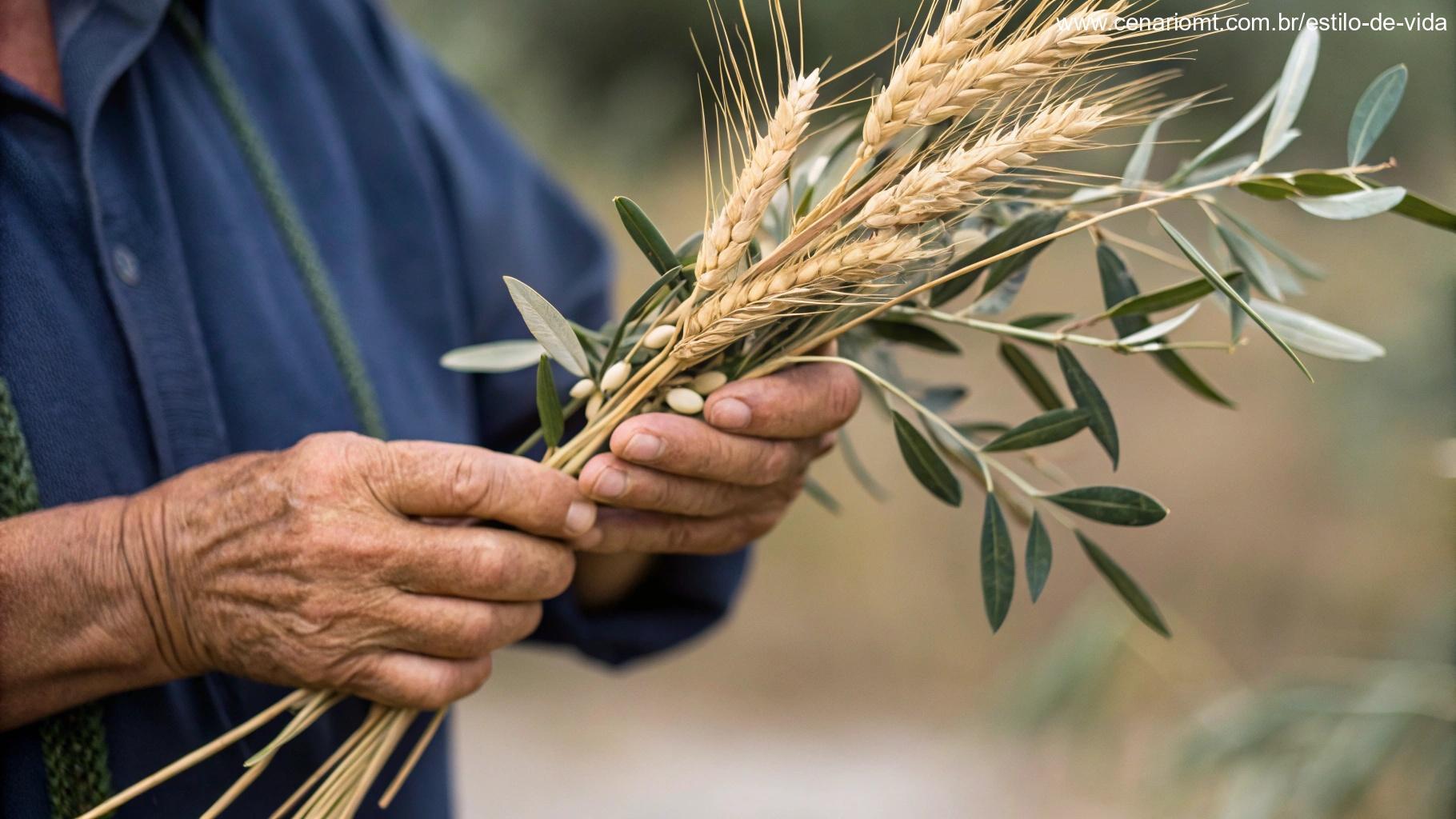 Par de mãos marcadas segurando talos de trigo e ramos de oliveira, com fundo desfocado de pessoas se ajudando em comunidade