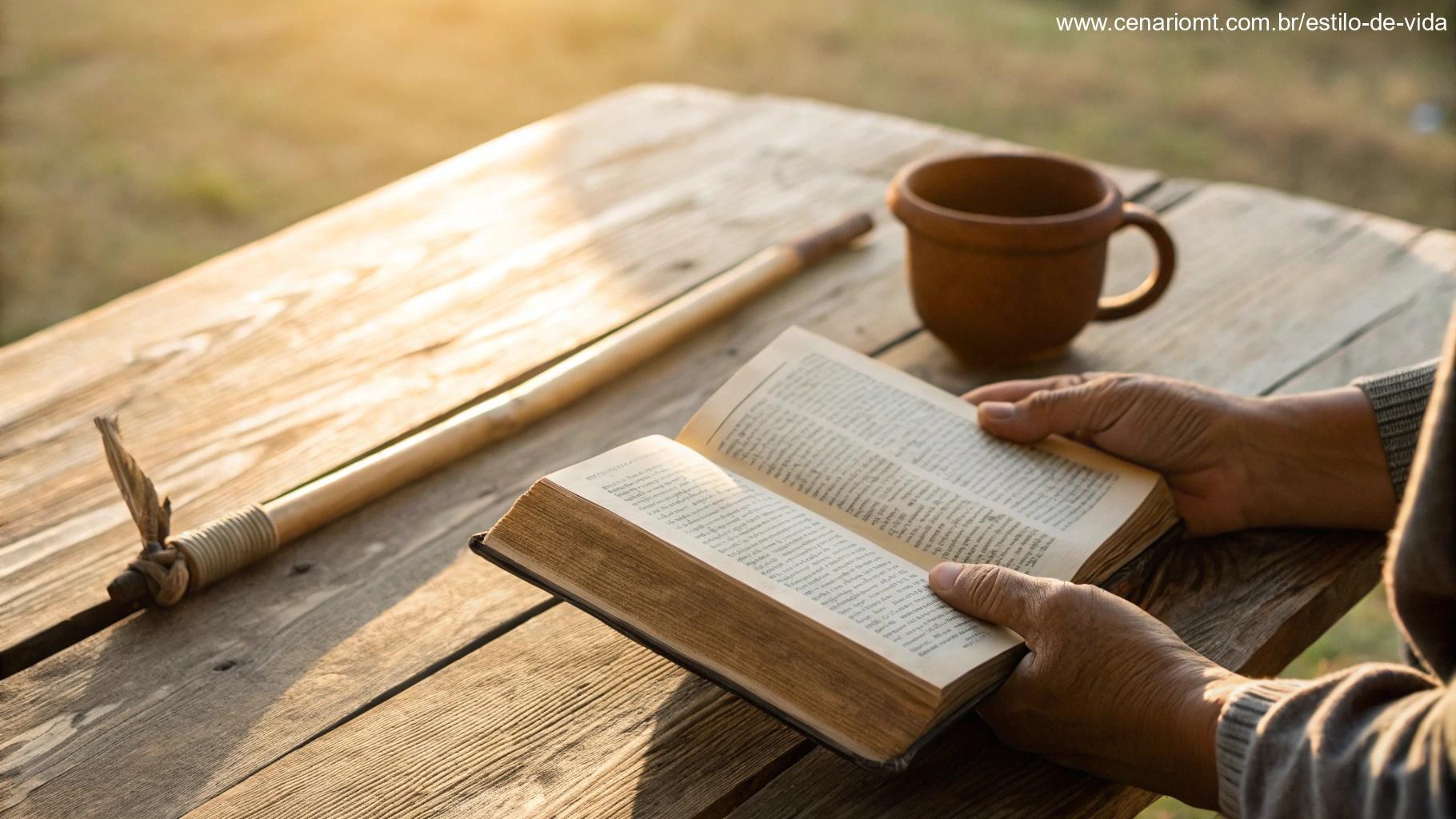 Mão segurando um livro antigo aberto com páginas de pergaminho ao lado de um cajado de madeira simples e um copo de barro em uma mesa rústica