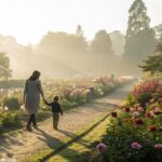 Mãe e filho de mãos dadas em um jardim florido ao amanhecer