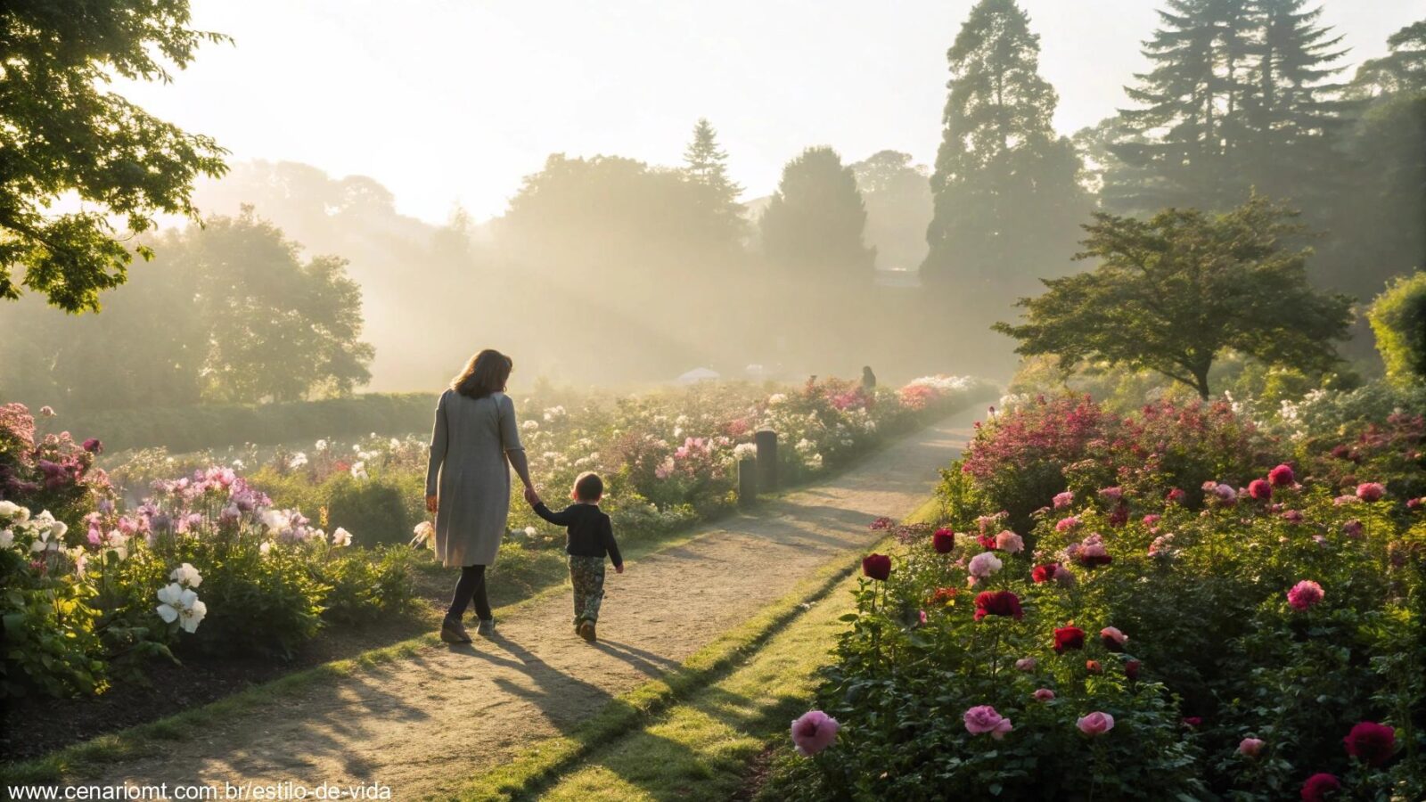 Mãe e filho de mãos dadas em um jardim florido ao amanhecer