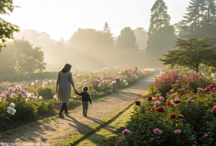 Mãe e filho de mãos dadas em um jardim florido ao amanhecer
