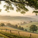 Imagem de um domingo tranquilo com luz suave entre árvores e paisagem campestre serena