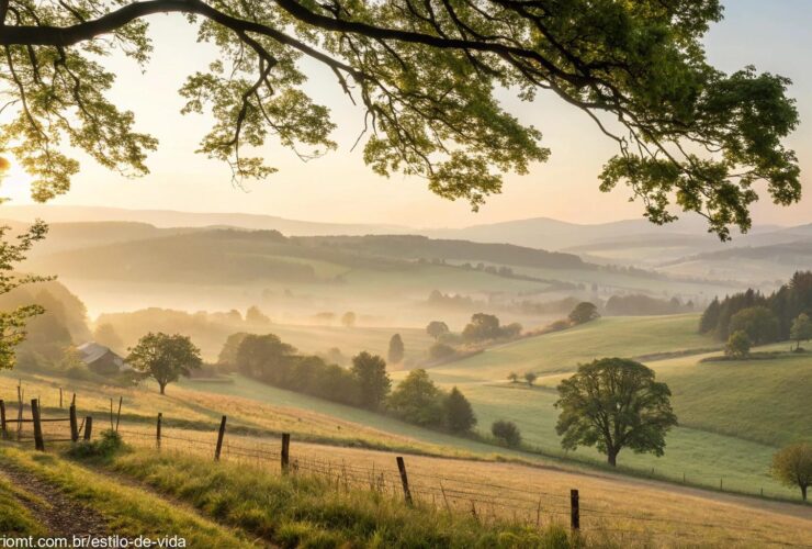 Imagem de um domingo tranquilo com luz suave entre árvores e paisagem campestre serena