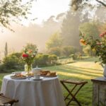 Cena tranquila de domingo com café da manhã ao ar livre e jardim florido