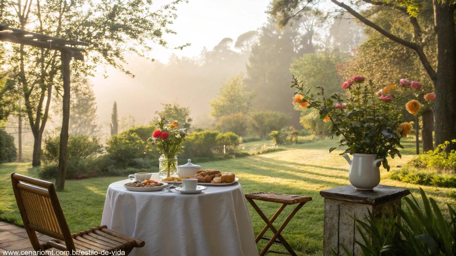 Cena tranquila de domingo com café da manhã ao ar livre e jardim florido