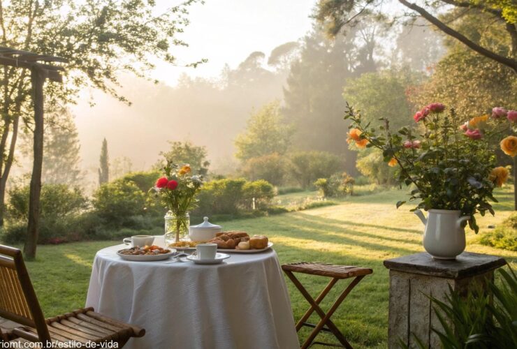 Cena tranquila de domingo com café da manhã ao ar livre e jardim florido