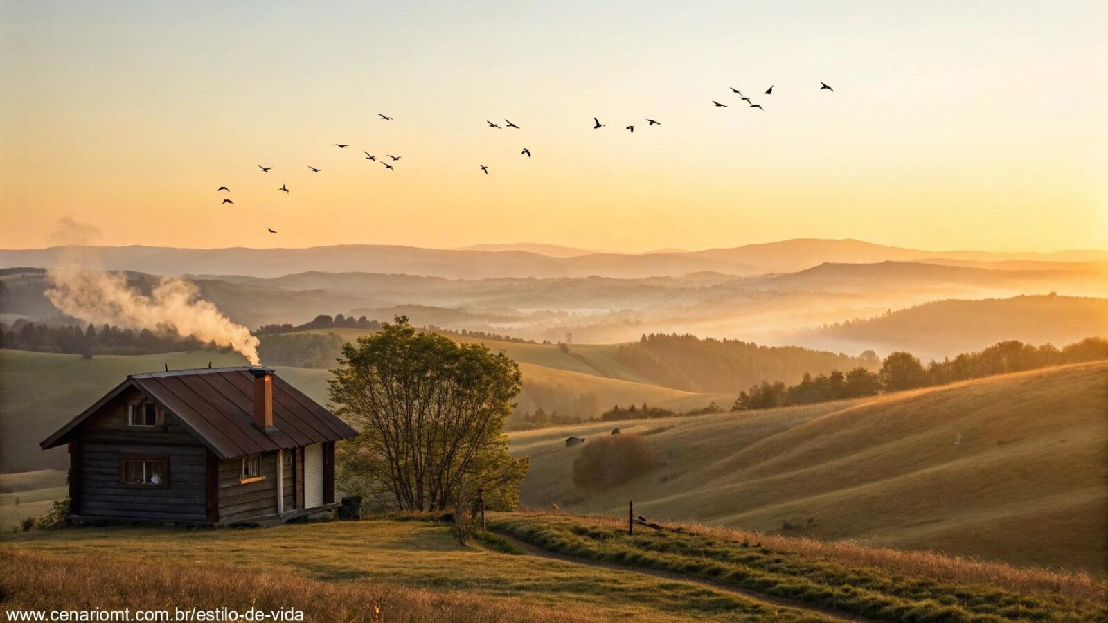 Amanhecer tranquilo iluminando colinas suaves, uma cabana aconchegante com fumaça saindo da chaminé e pássaros voando no céu claro, transmitindo serenidade e inspiração