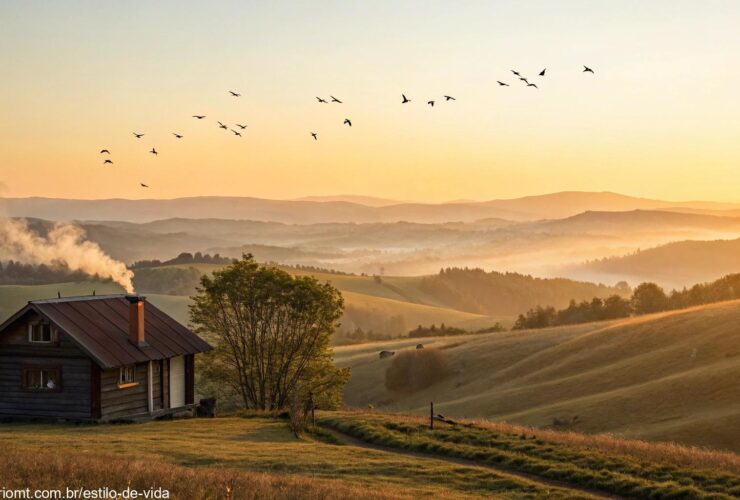 Amanhecer tranquilo iluminando colinas suaves, uma cabana aconchegante com fumaça saindo da chaminé e pássaros voando no céu claro, transmitindo serenidade e inspiração
