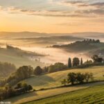 Cena tranquila de amanhecer em uma paisagem rural com névoa leve e luz dourada, simbolizando fé e motivação