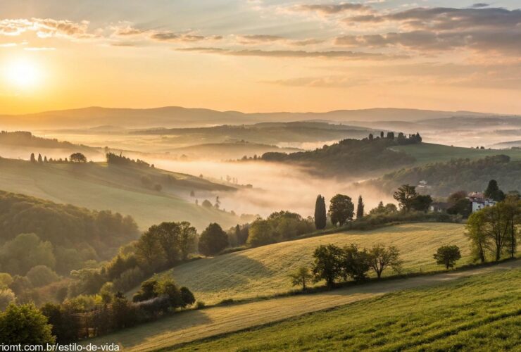 Cena tranquila de amanhecer em uma paisagem rural com névoa leve e luz dourada, simbolizando fé e motivação