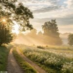 Imagem de uma manhã tranquila com luz do sol entre árvores e flores desabrochando
