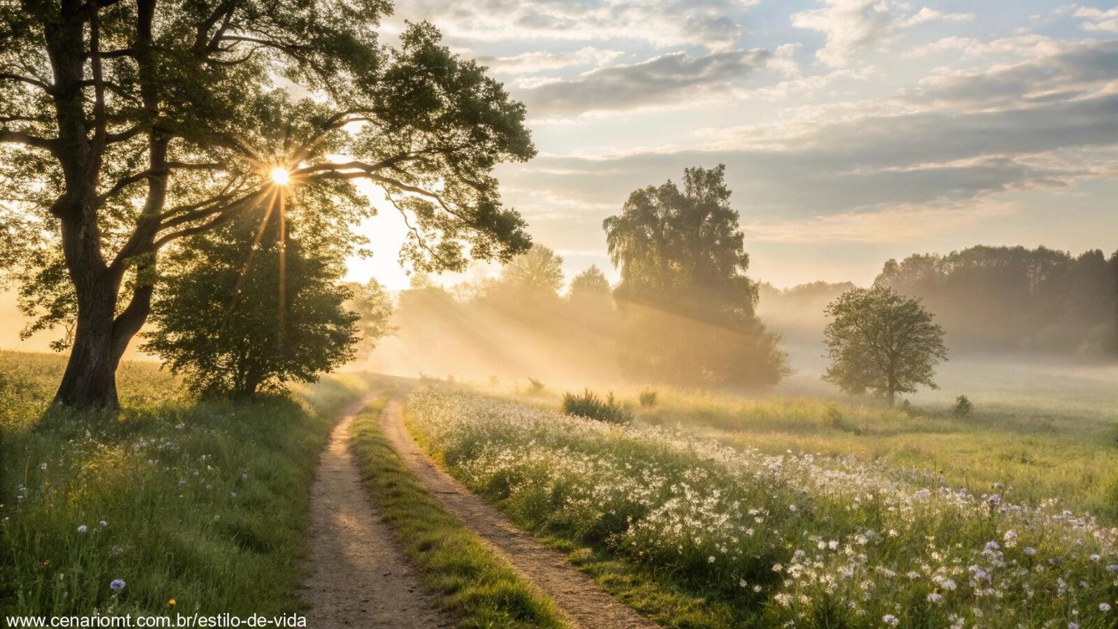 Imagem de uma manhã tranquila com luz do sol entre árvores e flores desabrochando