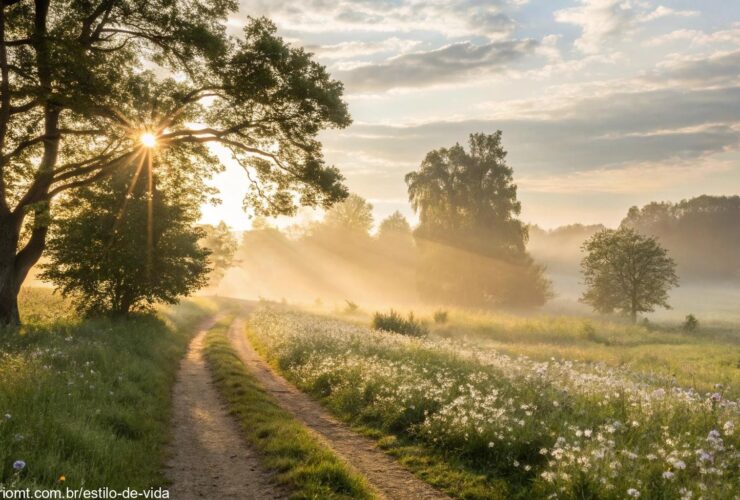 Imagem de uma manhã tranquila com luz do sol entre árvores e flores desabrochando