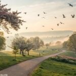 Paisagem serena de manhã com luz suave, parque florido e caminho tranquilo simbolizando um recomeço inspirador para quinta-feira, 15 de maio de 2025