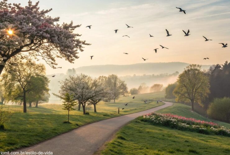Paisagem serena de manhã com luz suave, parque florido e caminho tranquilo simbolizando um recomeço inspirador para quinta-feira, 15 de maio de 2025