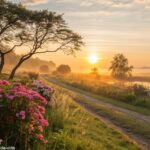amanhecer sereno de sábado com flores desabrochando e atmosfera positiva