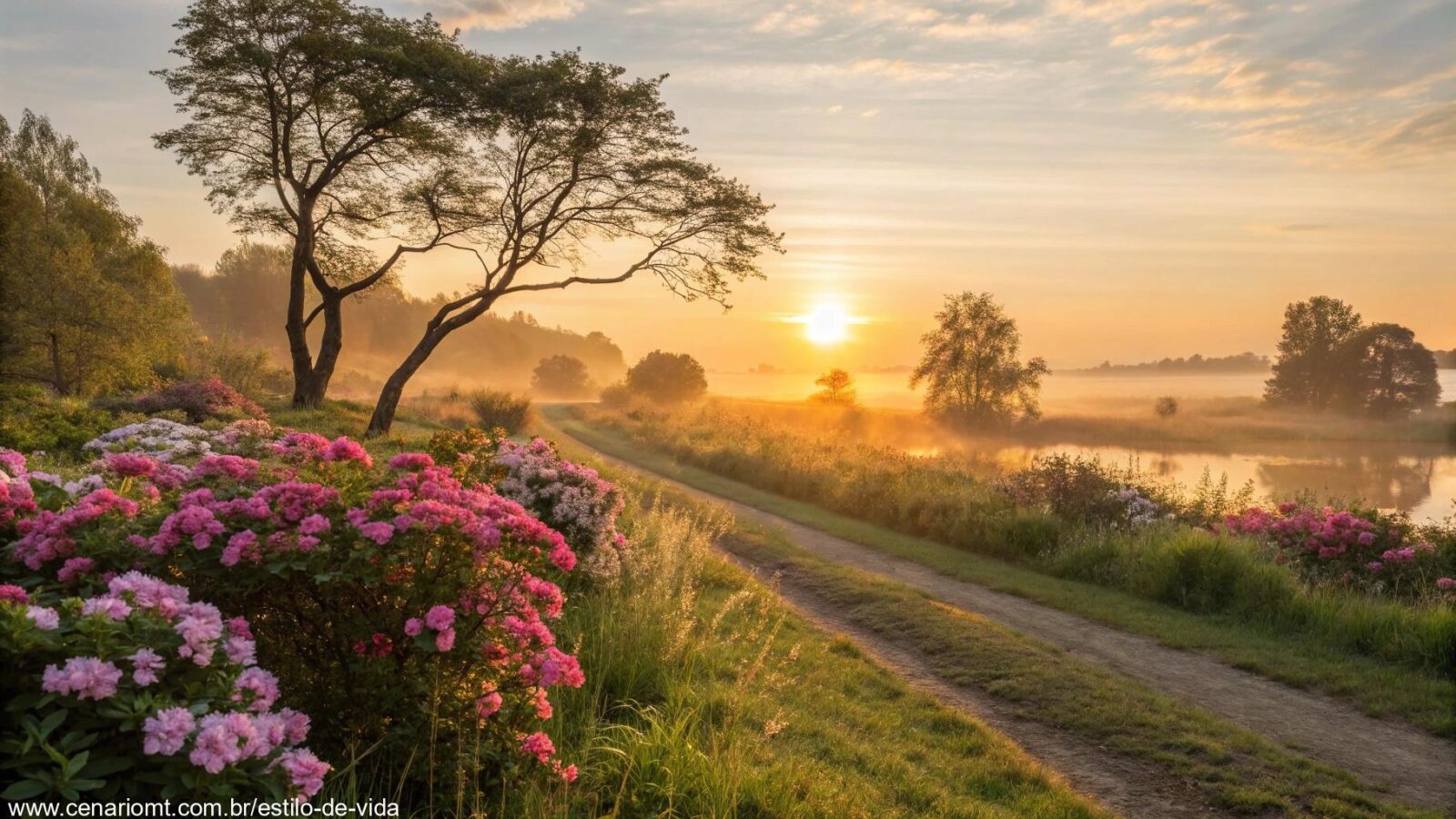 amanhecer sereno de sábado com flores desabrochando e atmosfera positiva