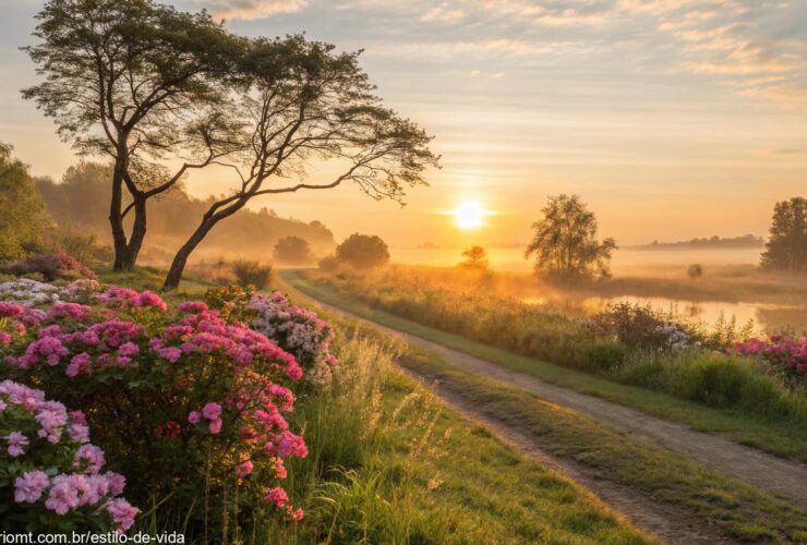 amanhecer sereno de sábado com flores desabrochando e atmosfera positiva