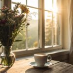 Cenário de sábado com luz do sol, café fresco e flores, representando fé e esperança