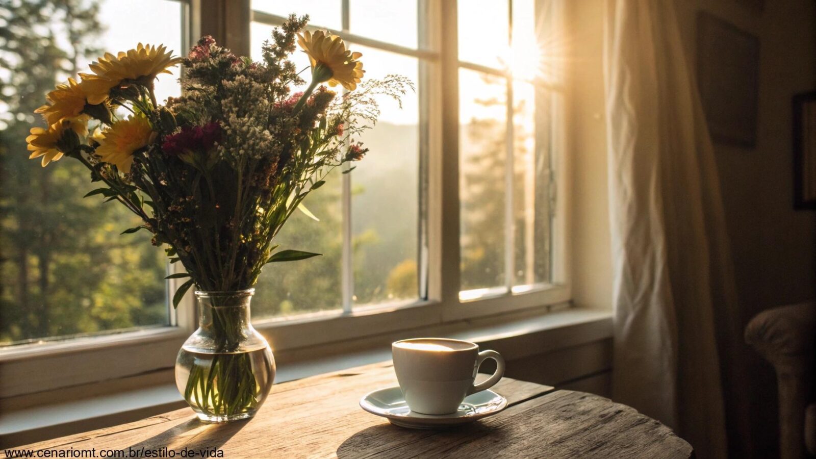 Cenário de sábado com luz do sol, café fresco e flores, representando fé e esperança