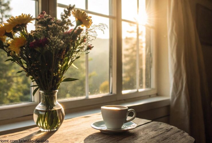 Cenário de sábado com luz do sol, café fresco e flores, representando fé e esperança