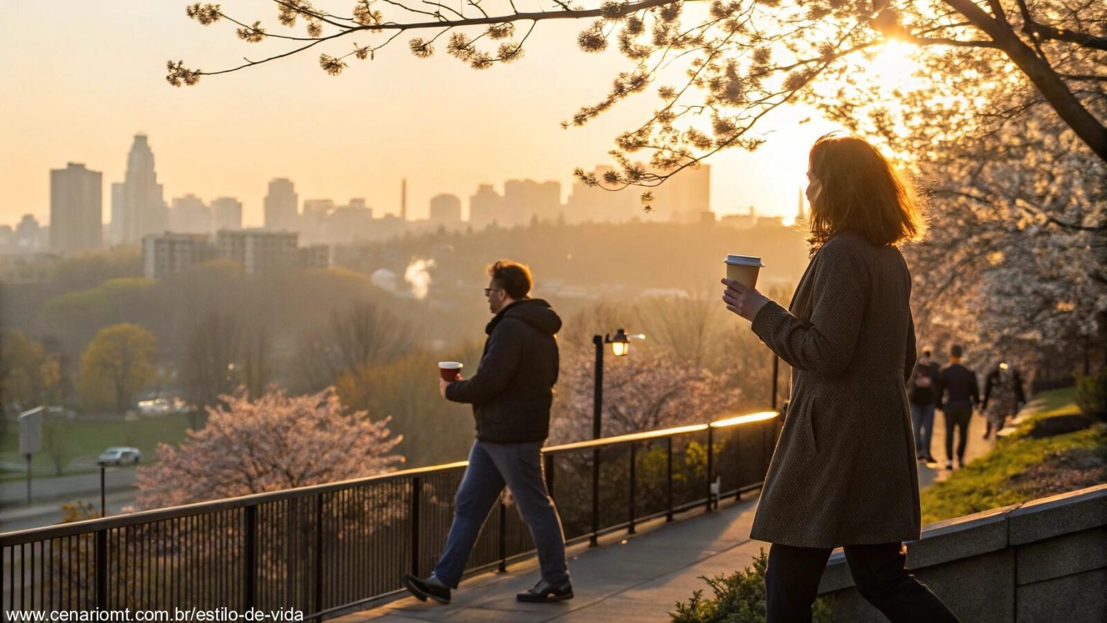 Amanhecer tranquilo de segunda-feira com luz dourada suave e pessoas caminhando com café