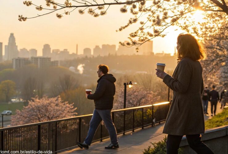 Amanhecer tranquilo de segunda-feira com luz dourada suave e pessoas caminhando com café