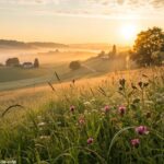 Nascer do sol sereno sobre o campo com luz dourada suave iluminando a grama coberta de orvalho e flores desabrochando, criando um ambiente matinal revigorante para dar as boas-vindas à segunda-feira, 12 de maio de 2025