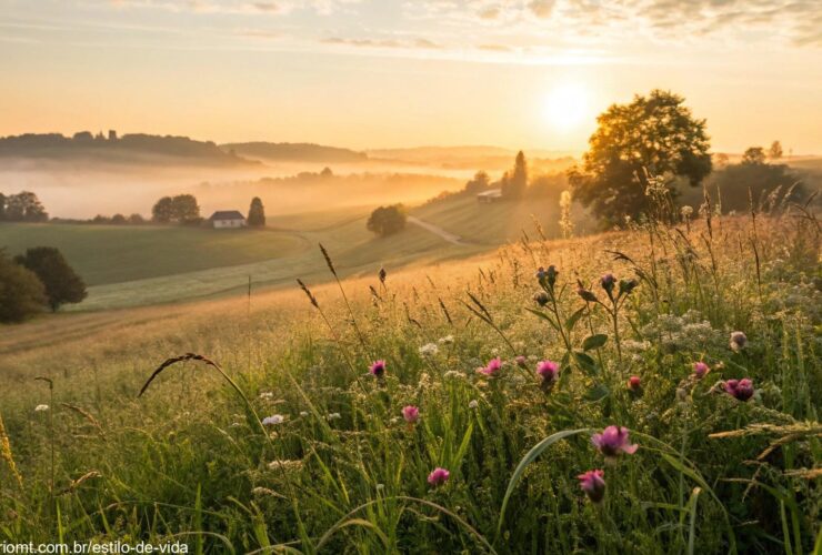 Nascer do sol sereno sobre o campo com luz dourada suave iluminando a grama coberta de orvalho e flores desabrochando, criando um ambiente matinal revigorante para dar as boas-vindas à segunda-feira, 12 de maio de 2025
