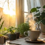 Cena de bom dia com luz suave entrando pela janela, café quente na mesa e plantas ao redor