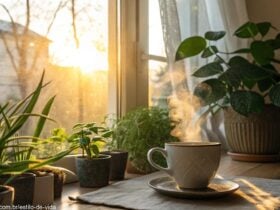 Cena de bom dia com luz suave entrando pela janela, café quente na mesa e plantas ao redor
