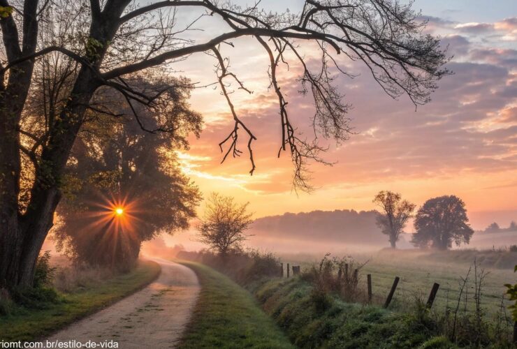 Amanhecer tranquilo em uma paisagem campestre para inspirar fé e ânimo nesta sexta-feira
