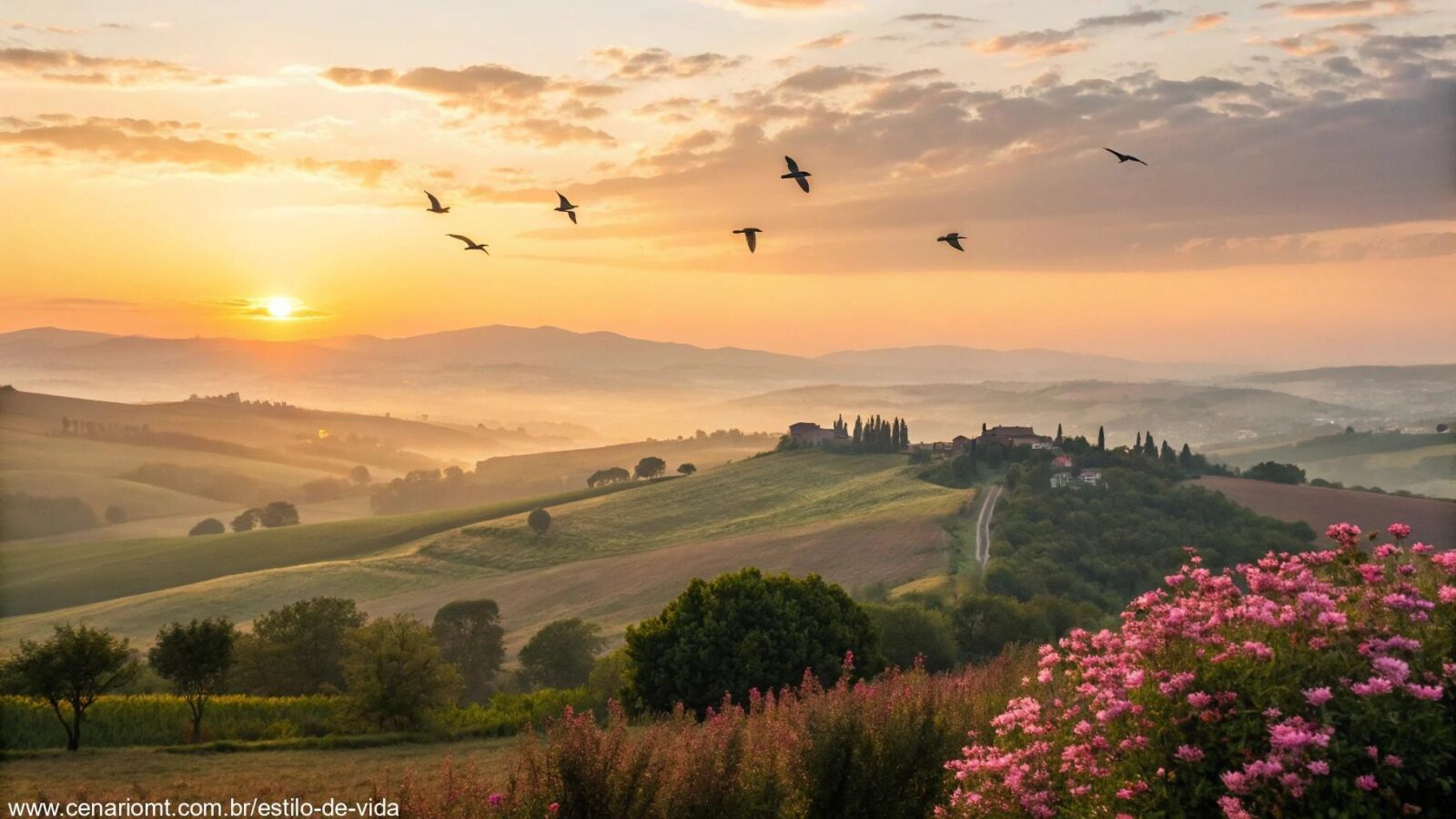 amanhecer tranquilo em uma paisagem campestre com flores e pássaros, transmitindo positividade