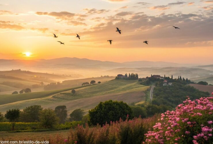 amanhecer tranquilo em uma paisagem campestre com flores e pássaros, transmitindo positividade