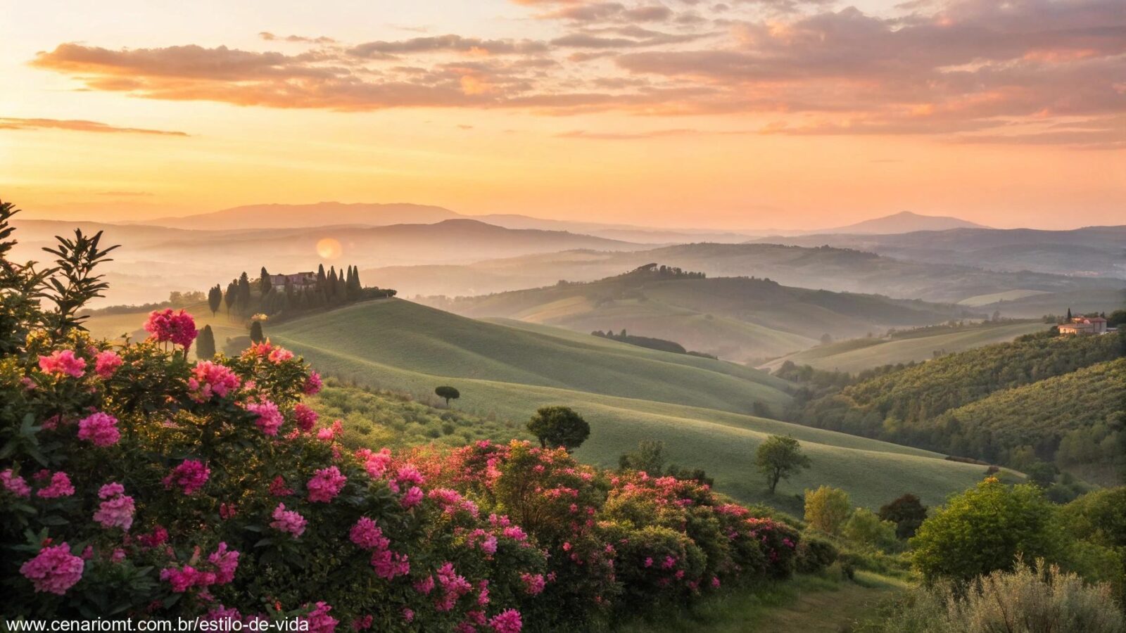 Amanhecer sereno com luz suave iluminando flores e colinas, simbolizando um recomeço positivo para terça-feira, 13 de maio de 2025