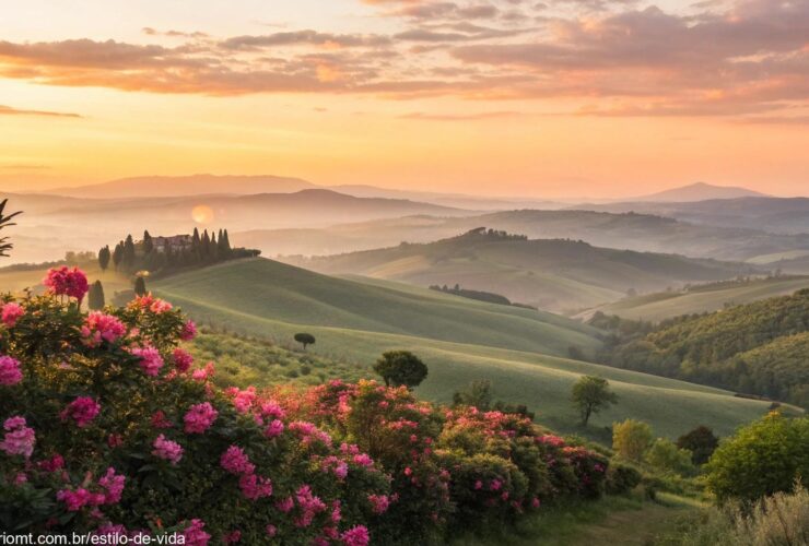 Amanhecer sereno com luz suave iluminando flores e colinas, simbolizando um recomeço positivo para terça-feira, 13 de maio de 2025