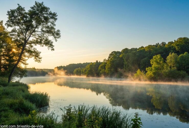 Nascer do sol sereno sobre um lago calmo com névoa subindo, cercado por árvores verdes exuberantes e um céu azul claro