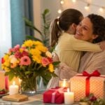 Celebração do Dia das Mães com uma mesa decorada com flores, velas e presentes, e uma mãe recebendo um abraço carinhoso de seu filho.