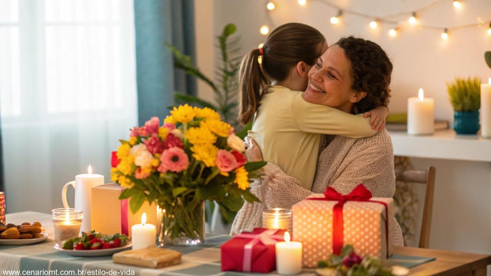 Celebração do Dia das Mães com uma mesa decorada com flores, velas e presentes, e uma mãe recebendo um abraço carinhoso de seu filho.