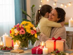 Celebração do Dia das Mães com uma mesa decorada com flores, velas e presentes, e uma mãe recebendo um abraço carinhoso de seu filho.
